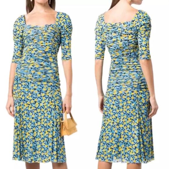 Diane Von Furstenberg Blue Lemon Print Dacey Dress Sz.M NWT - Picture 4 of 16